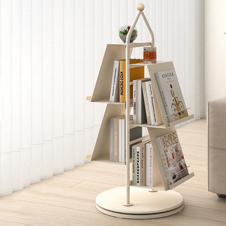 Zeitgenössisches industrielles Baumform-Bücherregal aus Kohlenstoffstahl, drehbar, platzsparend, 4-stufige Aufbewahrung für Wohnzimmer & Arbeitszimmer 