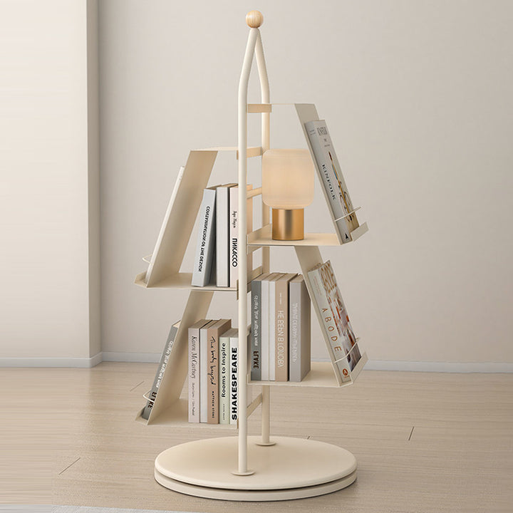 Contemporary Industrial Floor Tree Shape Carbon Steel Rotatable Space-Saving Bookshelf 4-Tier Storage For Living Room &amp; Study