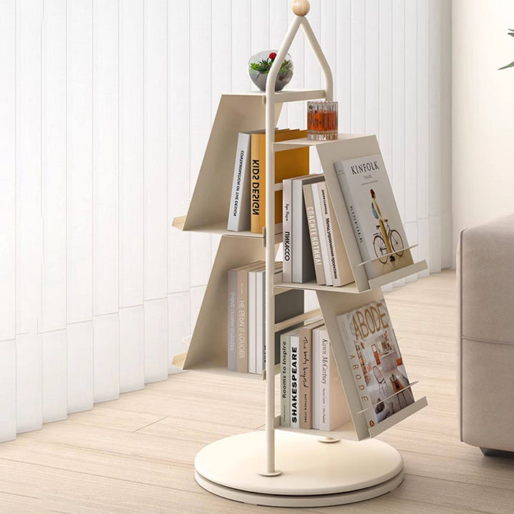 Contemporary Industrial Floor Tree Shape Carbon Steel Rotatable Space-Saving Bookshelf 4-Tier Storage For Living Room &amp; Study