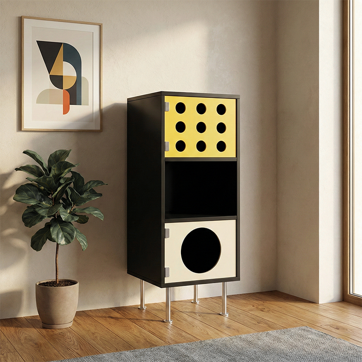 Armoire de rangement latérale rectangulaire contemporaine scandinave en bois massif, panneau de particules, acier inoxydable et acrylique, à 3 compartiments, pour salon 