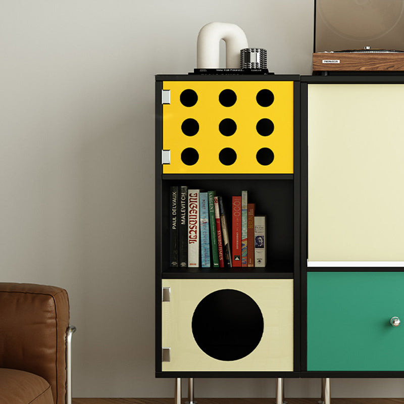 Armoire de rangement latérale rectangulaire contemporaine scandinave en bois massif, panneau de particules, acier inoxydable et acrylique, à 3 compartiments, pour salon 