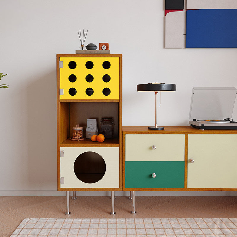 Armoire de rangement latérale rectangulaire contemporaine scandinave en bois massif, panneau de particules, acier inoxydable et acrylique, à 3 compartiments, pour salon 