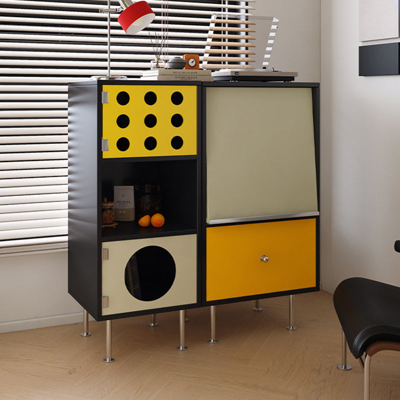 Armoire de rangement latérale rectangulaire contemporaine scandinave en bois massif, panneau de particules, acier inoxydable et acrylique, à 3 compartiments, pour salon 