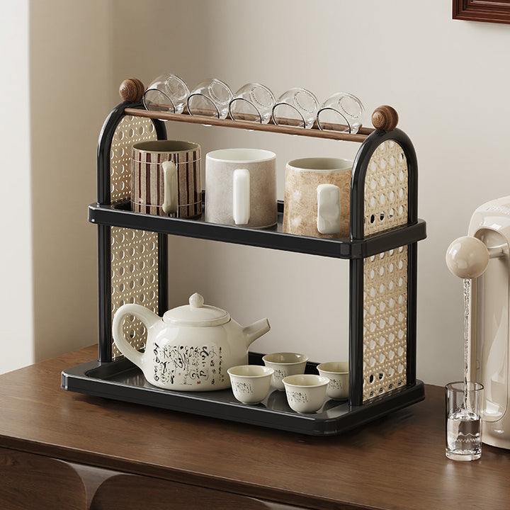 Étagère de rangement pour tasses en plastique PP imitation bois, rectangulaire arquée Art déco moderne, démontable, à 2 niveaux pour salon 