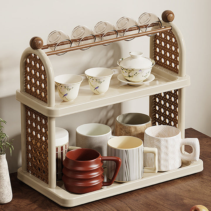 Étagère de rangement pour tasses en plastique PP imitation bois, rectangulaire arquée Art déco moderne, démontable, à 2 niveaux pour salon 