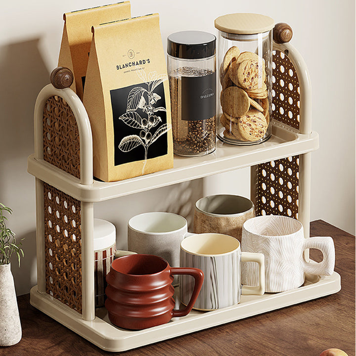 Étagère de rangement pour tasses en plastique PP imitation bois, rectangulaire arquée Art déco moderne, démontable, à 2 niveaux pour salon 