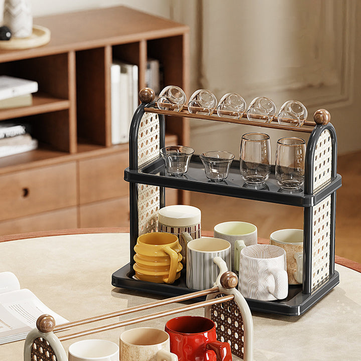 Étagère de rangement pour tasses en plastique PP imitation bois, rectangulaire arquée Art déco moderne, démontable, à 2 niveaux pour salon 