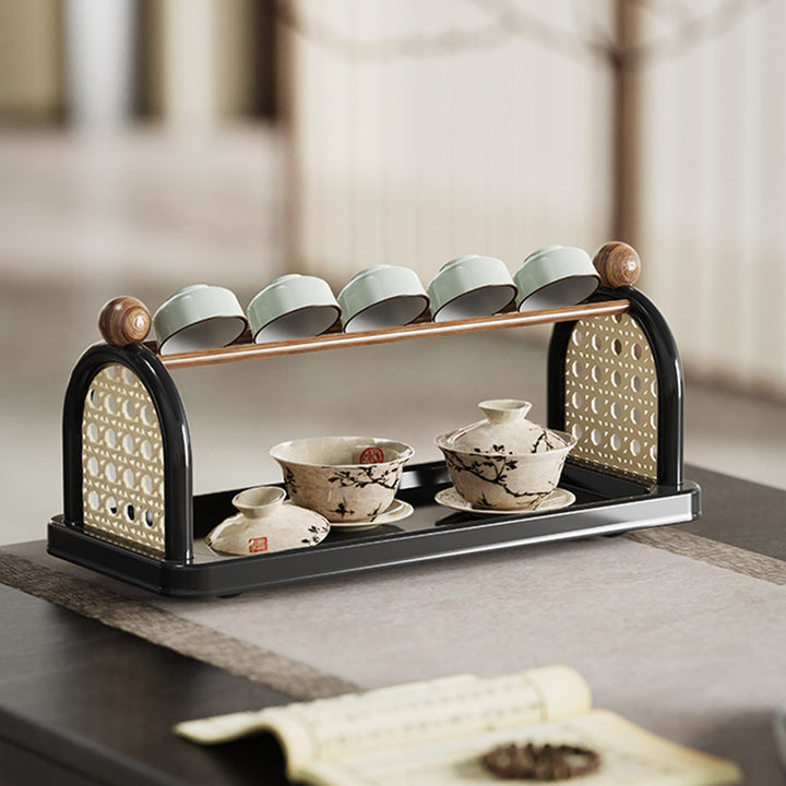 Étagère de rangement pour tasses en plastique PP imitation bois, rectangulaire arquée Art déco moderne, démontable, à 2 niveaux pour salon 