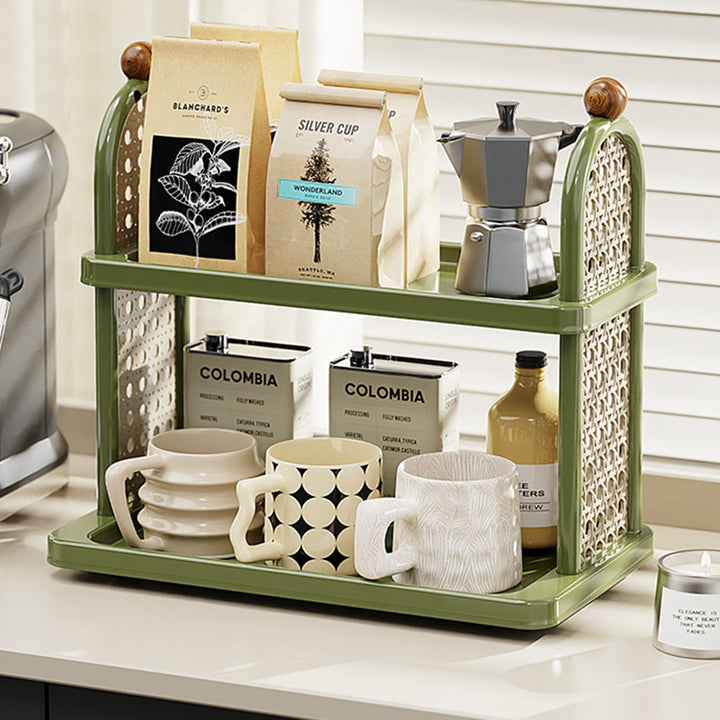 Étagère de rangement pour tasses en plastique PP imitation bois, rectangulaire arquée Art déco moderne, démontable, à 2 niveaux pour salon 