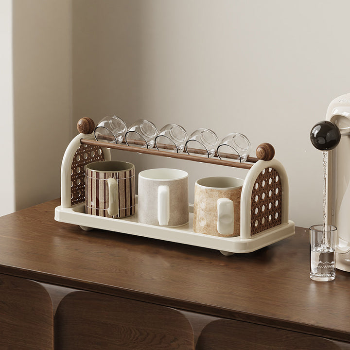 Étagère de rangement pour tasses en plastique PP imitation bois, rectangulaire arquée Art déco moderne, démontable, à 2 niveaux pour salon 