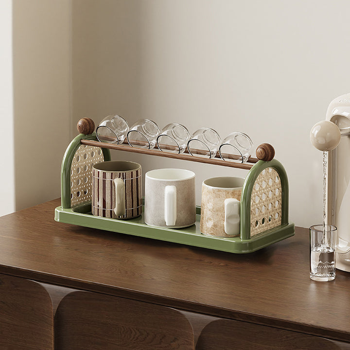 Étagère de rangement pour tasses en plastique PP imitation bois, rectangulaire arquée Art déco moderne, démontable, à 2 niveaux pour salon 