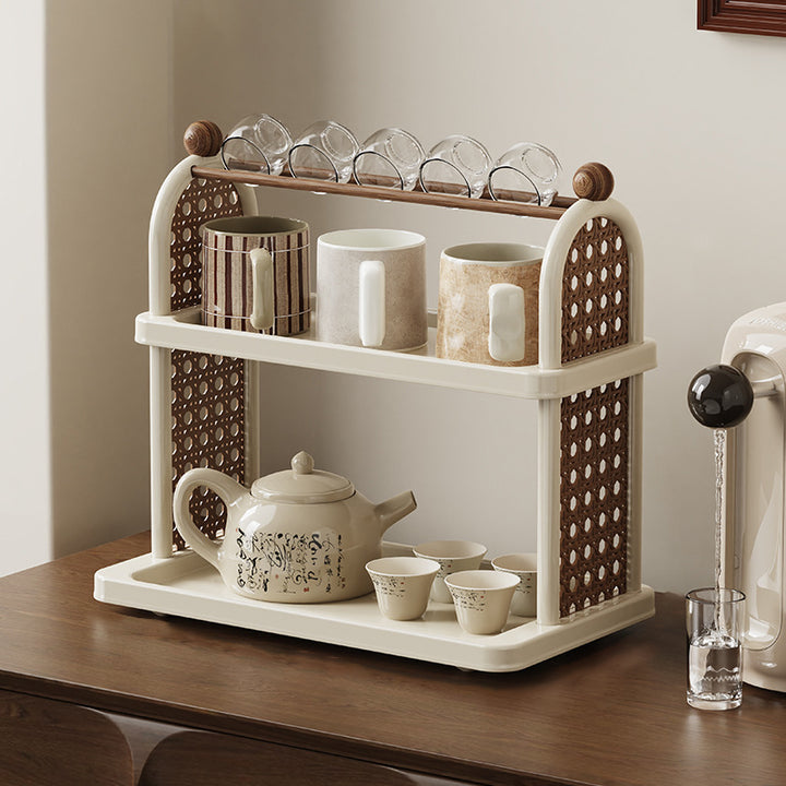 Étagère de rangement pour tasses en plastique PP imitation bois, rectangulaire arquée Art déco moderne, démontable, à 2 niveaux pour salon 