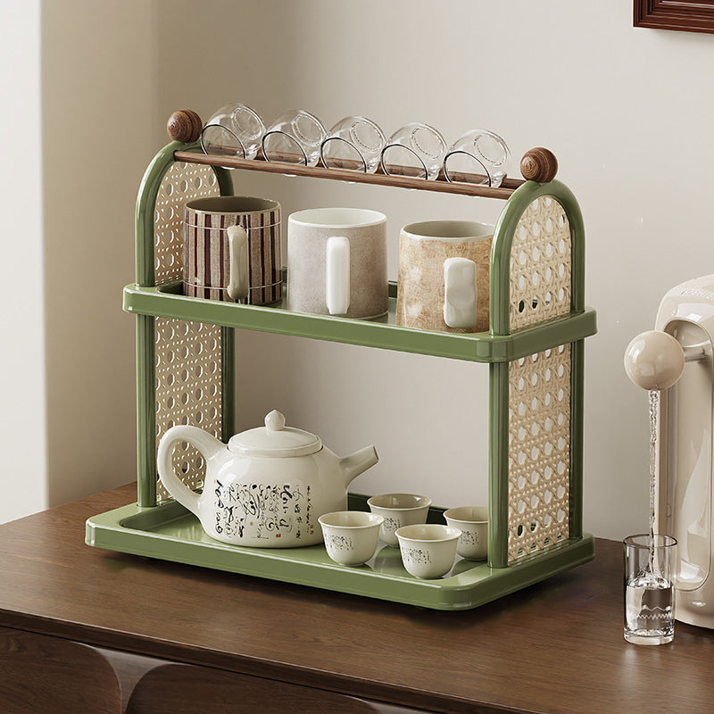 Étagère de rangement pour tasses en plastique PP imitation bois, rectangulaire arquée Art déco moderne, démontable, à 2 niveaux pour salon 