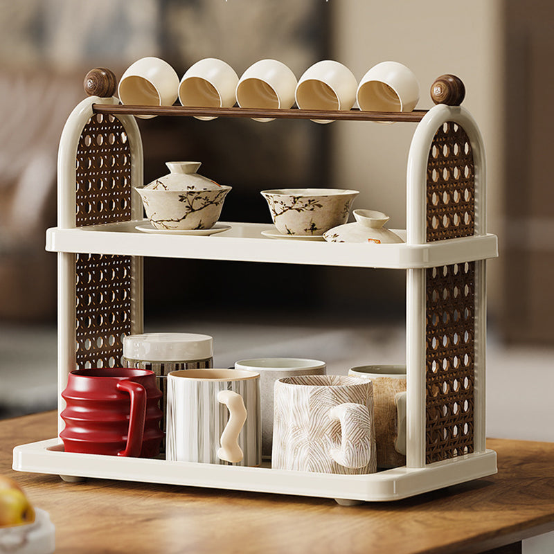 Étagère de rangement pour tasses en plastique PP imitation bois, rectangulaire arquée Art déco moderne, démontable, à 2 niveaux pour salon 