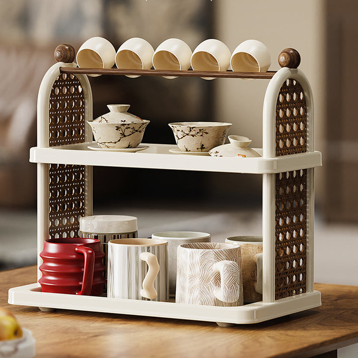 Étagère de rangement pour tasses en plastique PP imitation bois, rectangulaire arquée Art déco moderne, démontable, à 2 niveaux pour salon 