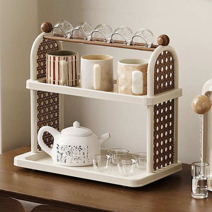Étagère de rangement pour tasses en plastique PP imitation bois, rectangulaire arquée Art déco moderne, démontable, à 2 niveaux pour salon 