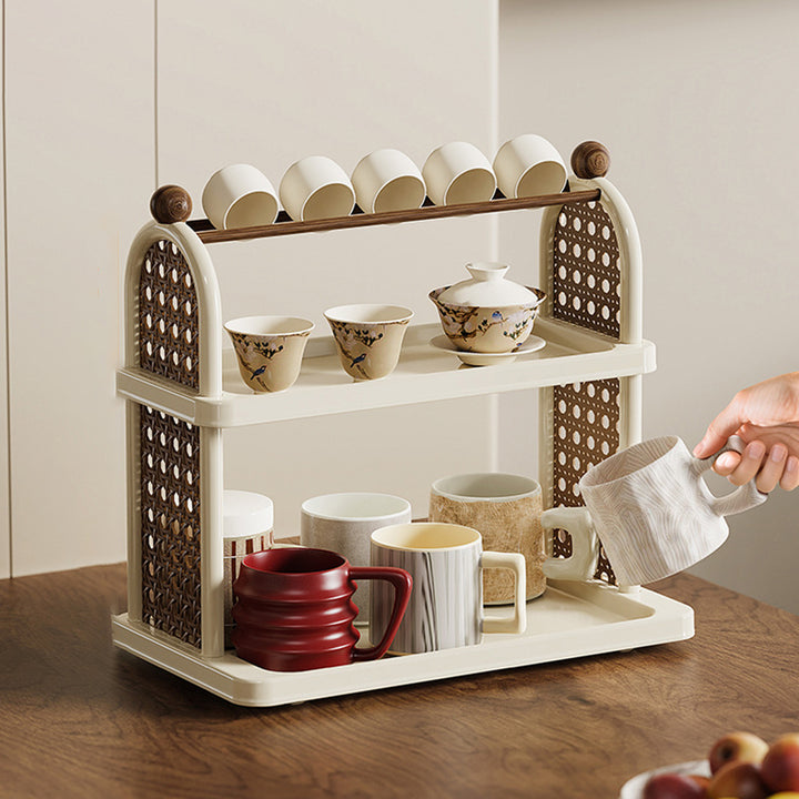 Étagère de rangement pour tasses en plastique PP imitation bois, rectangulaire arquée Art déco moderne, démontable, à 2 niveaux pour salon 