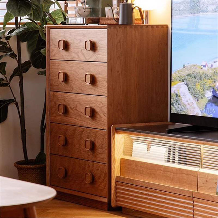 Traditional Rustic Cherry Wood Pine Solid Wood Multilayer Board Rectangular Large Capacity Storage Cabinet 5-Drawers For Living Room