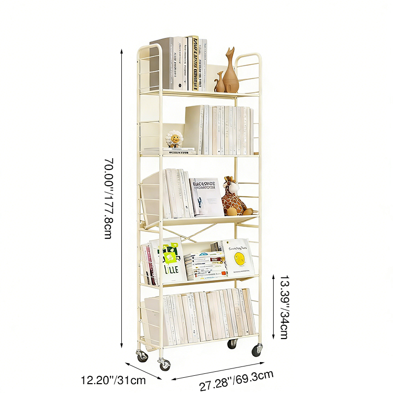 Contemporary Industrial Rectangular Carbon Steel Movable Space-Saving Bookshelf 2/3/4/5-Tier For Study