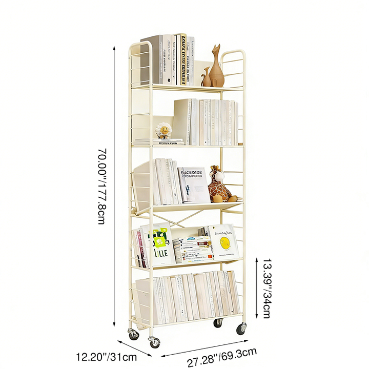 Contemporary Industrial Rectangular Carbon Steel Movable Space-Saving Bookshelf 2/3/4/5-Tier For Study