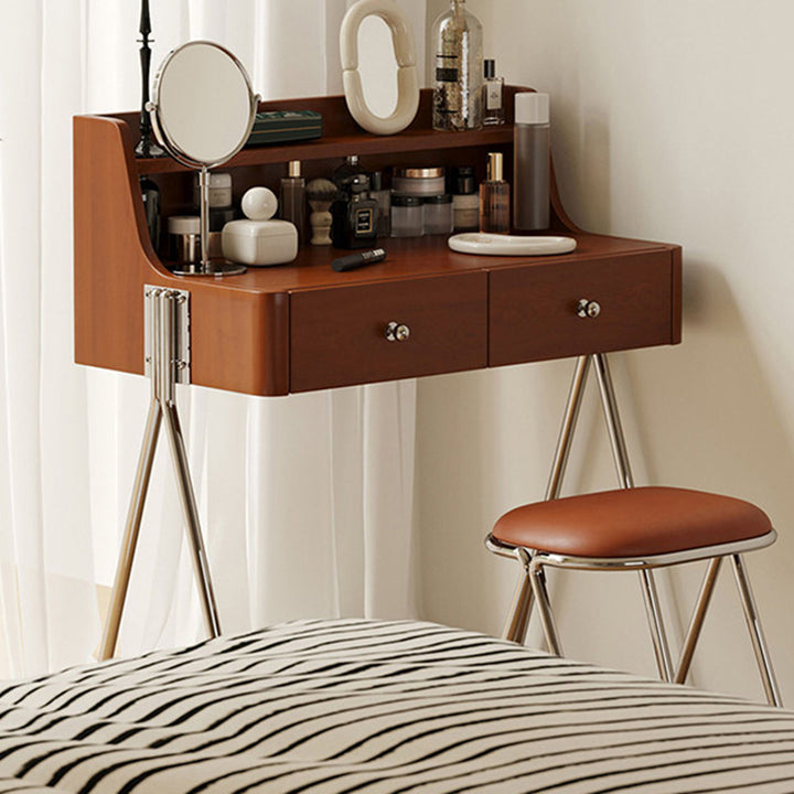 Traditional Vintage Trapezoidal Rubberwood Solid Wood Plywood Carbon Steel Makeup Vanity 2-Drawer For Bedroom