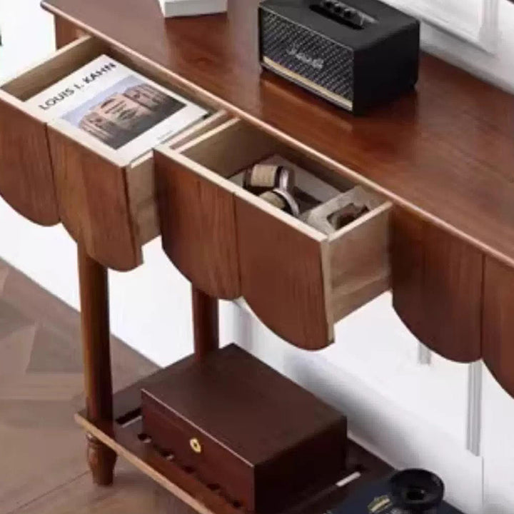 Modern Mid-Century Wavy-Edge Rectangular Solid Wood Console Table 2/3-Drawer For Entryway &amp; Hallway