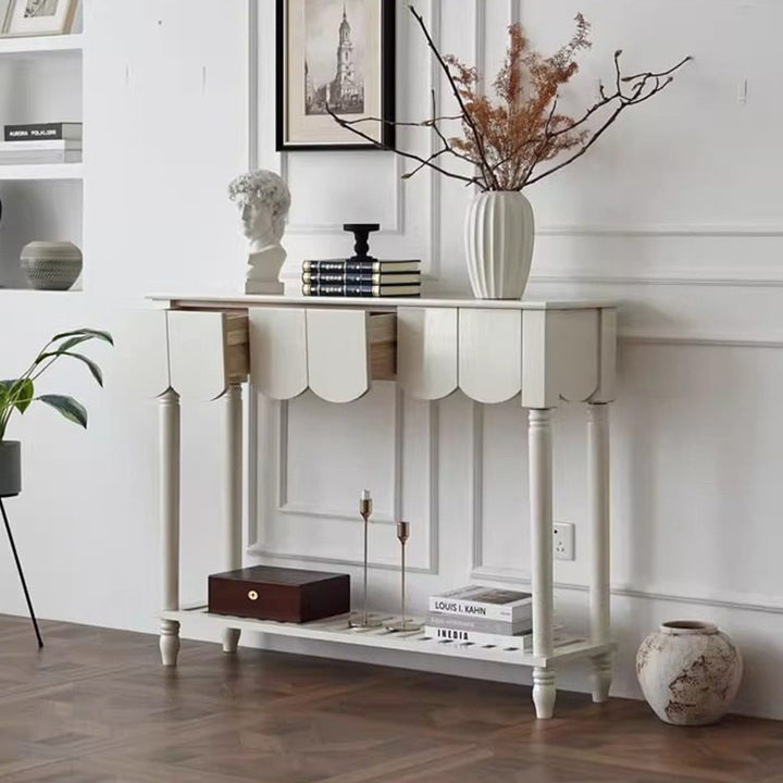 Modern Mid-Century Wavy-Edge Rectangular Solid Wood Console Table 2/3-Drawer For Entryway &amp; Hallway