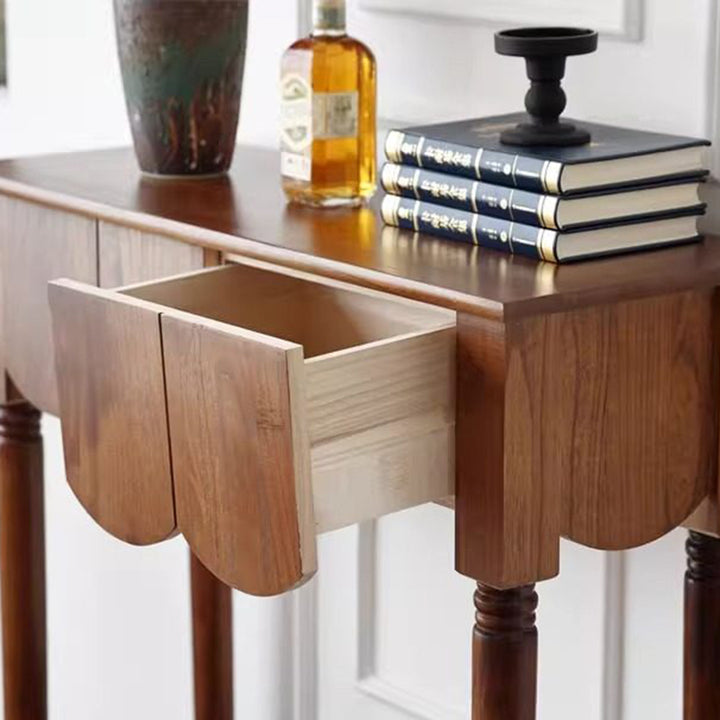 Modern Mid-Century Wavy-Edge Rectangular Solid Wood Console Table 2/3-Drawer For Entryway &amp; Hallway