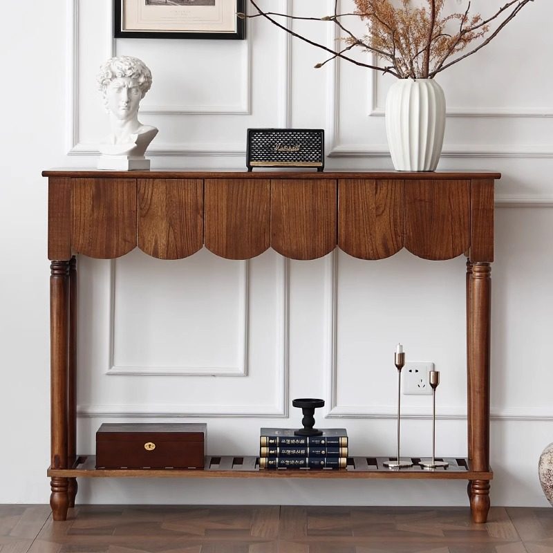 Modern Mid-Century Wavy-Edge Rectangular Solid Wood Console Table 2/3-Drawer For Entryway &amp; Hallway