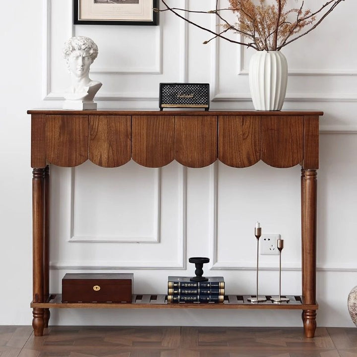 Modern Mid-Century Wavy-Edge Rectangular Solid Wood Console Table 2/3-Drawer For Entryway &amp; Hallway