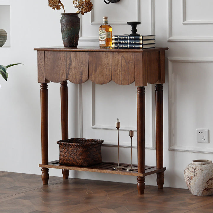 Modern Mid-Century Wavy-Edge Rectangular Solid Wood Console Table 2/3-Drawer For Entryway &amp; Hallway