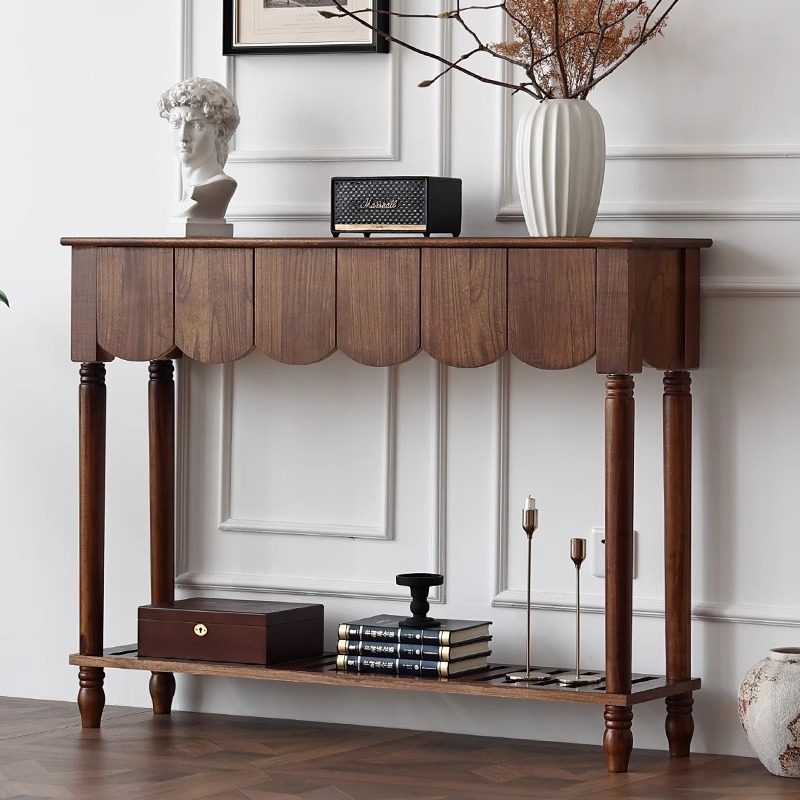 Modern Mid-Century Wavy-Edge Rectangular Solid Wood Console Table 2/3-Drawer For Entryway &amp; Hallway
