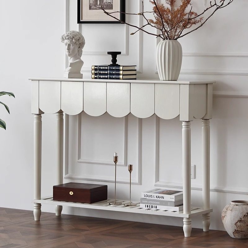 Modern Mid-Century Wavy-Edge Rectangular Solid Wood Console Table 2/3-Drawer For Entryway &amp; Hallway