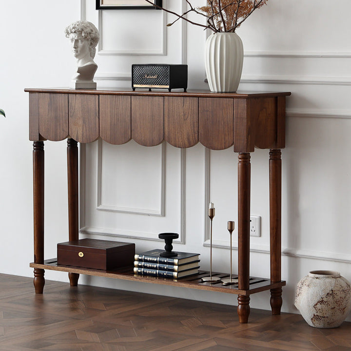 Modern Mid-Century Wavy-Edge Rectangular Solid Wood Console Table 2/3-Drawer For Entryway &amp; Hallway
