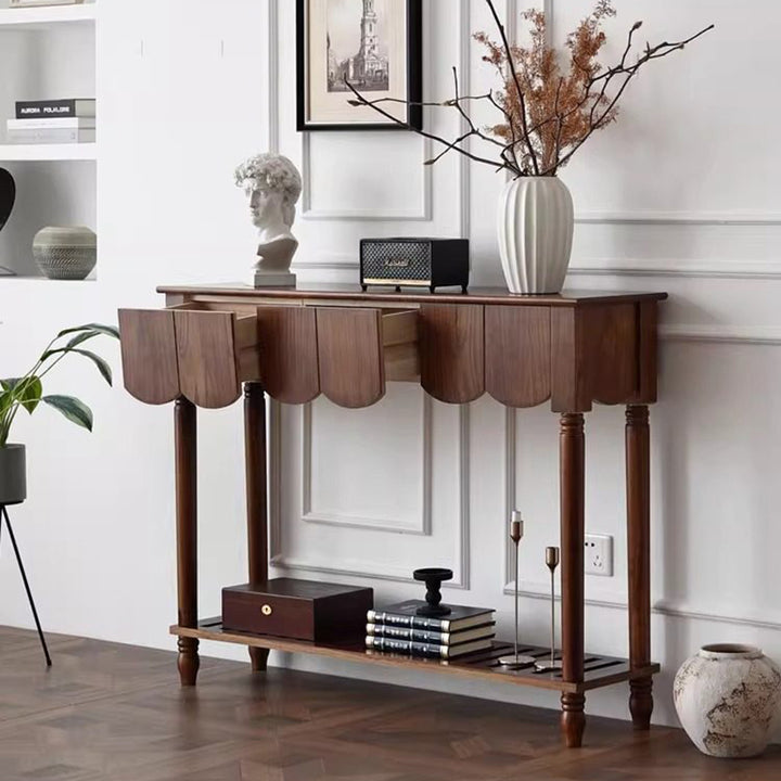 Modern Mid-Century Wavy-Edge Rectangular Solid Wood Console Table 2/3-Drawer For Entryway &amp; Hallway