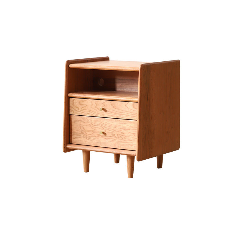 Modern Minimalist Rectangular Cherry Wood Beech Wood Solid Wood Plywood Space-Saving Nightstand 2-Drawer For Bedroom