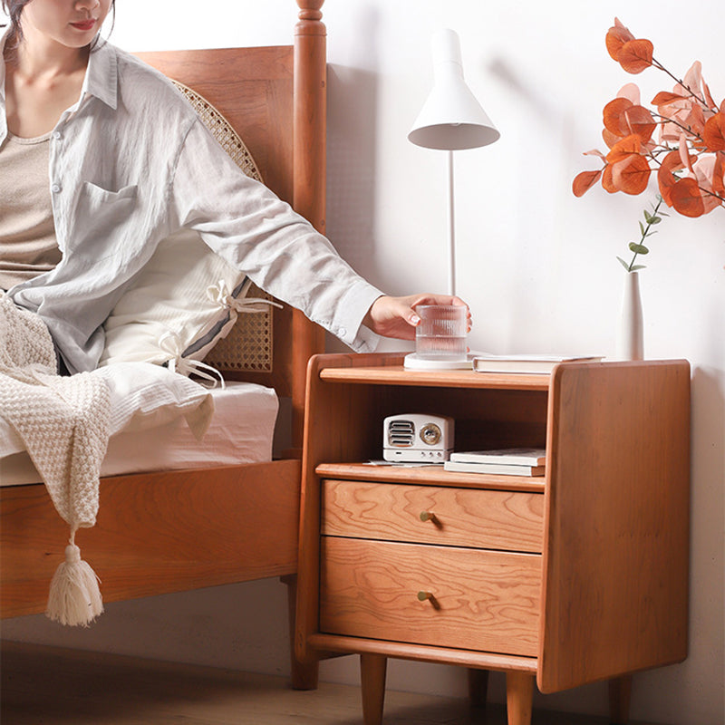Modern Minimalist Rectangular Cherry Wood Beech Wood Solid Wood Plywood Space-Saving Nightstand 2-Drawer For Bedroom