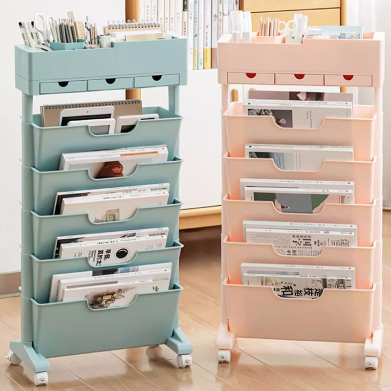 Modern Simplicity Trapezoid PP Plastic Movable Large Capacity Bookshelf 6-Storage Bin For Home Office