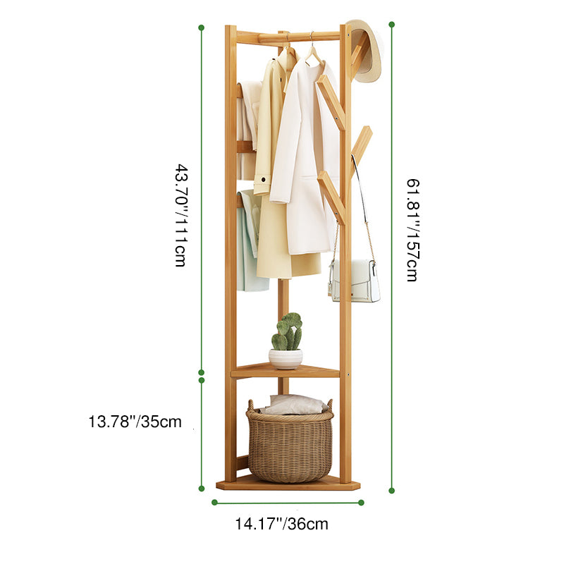 Traditional Japanese Tri-Branch Solid Bamboo Floor-Standing Hall Tree 2-Tier For Entryway &amp; Hallway