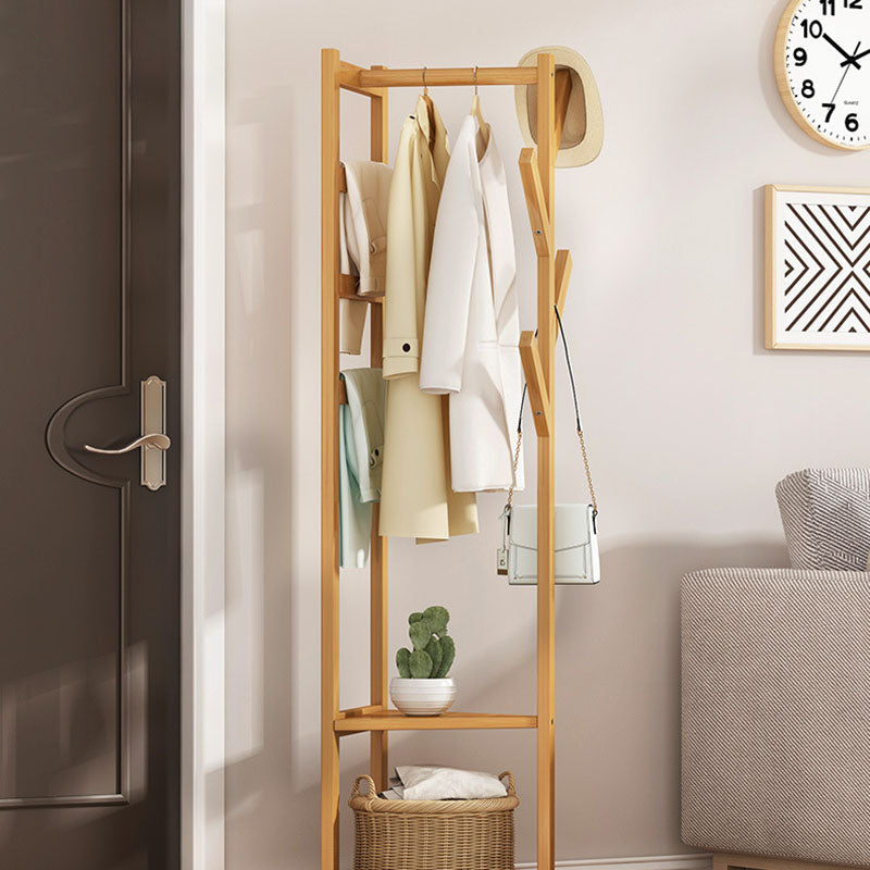 Traditional Japanese Tri-Branch Solid Bamboo Floor-Standing Hall Tree 2-Tier For Entryway &amp; Hallway