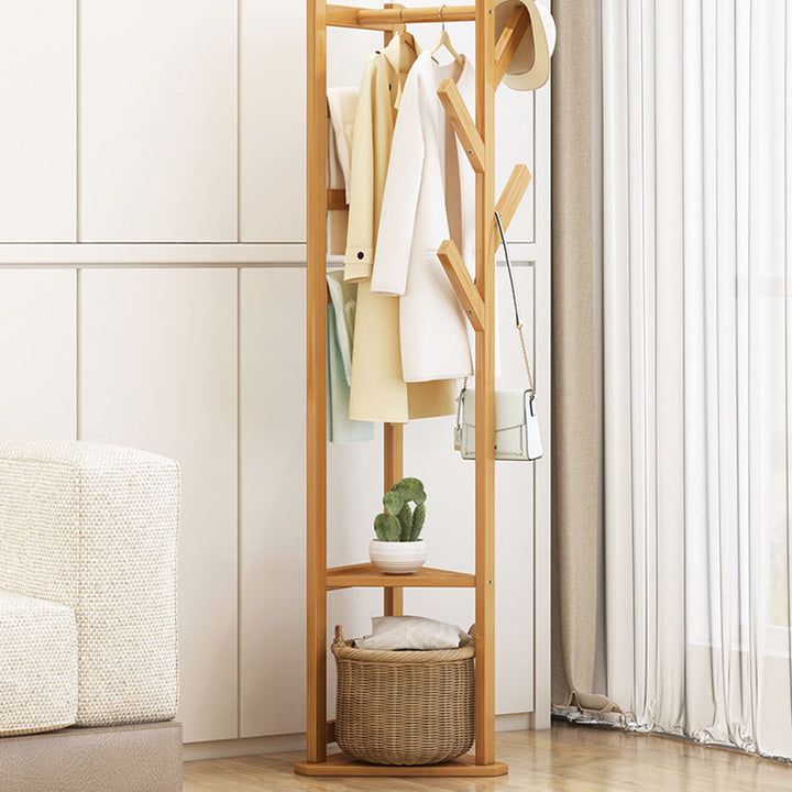 Traditional Japanese Tri-Branch Solid Bamboo Floor-Standing Hall Tree 2-Tier For Entryway &amp; Hallway