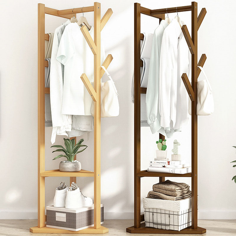Traditional Japanese Tri-Branch Solid Bamboo Floor-Standing Hall Tree 2-Tier For Entryway &amp; Hallway