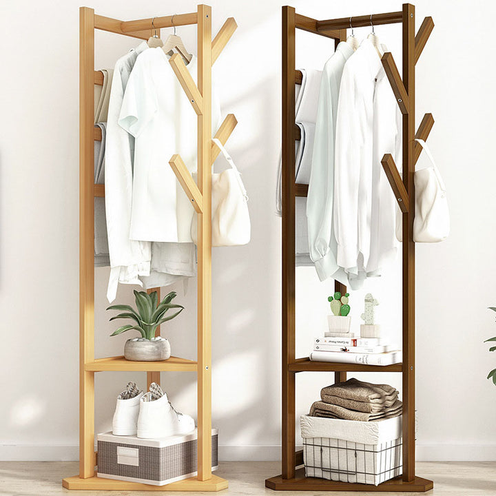 Traditional Japanese Tri-Branch Solid Bamboo Floor-Standing Hall Tree 2-Tier For Entryway &amp; Hallway