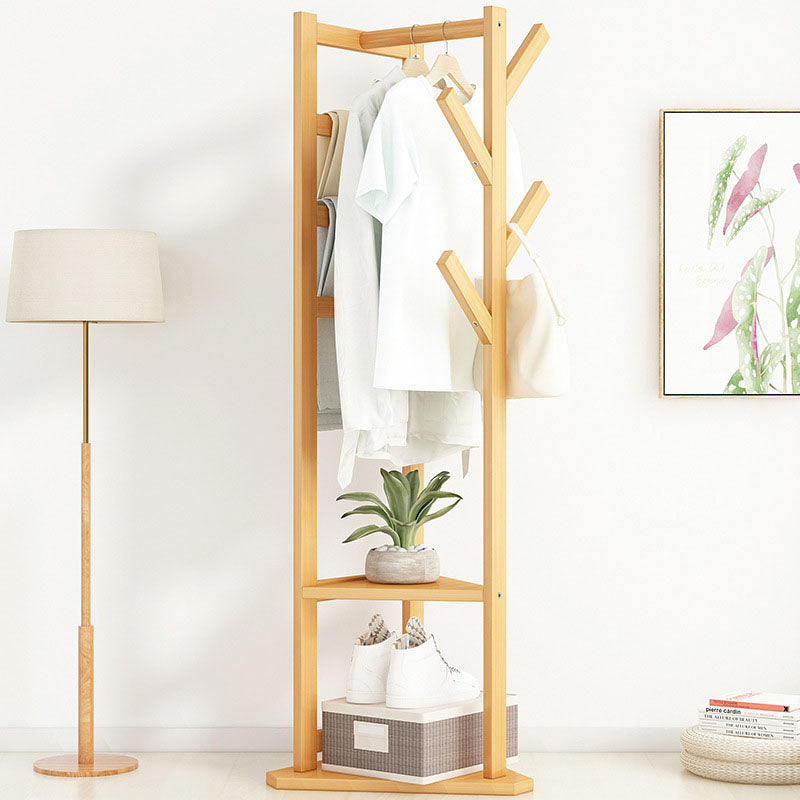 Traditional Japanese Tri-Branch Solid Bamboo Floor-Standing Hall Tree 2-Tier For Entryway &amp; Hallway