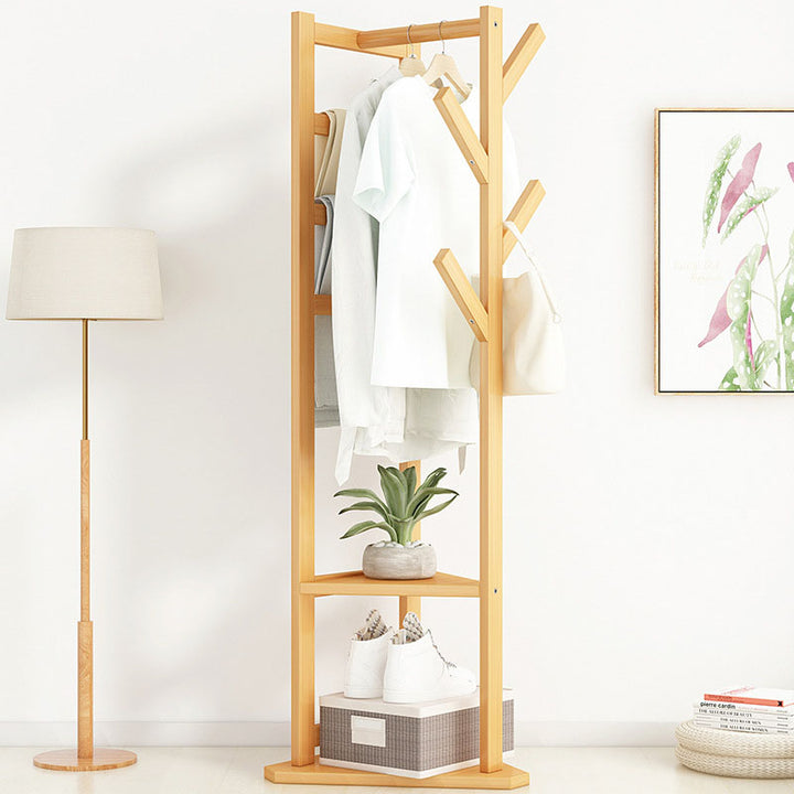 Traditional Japanese Tri-Branch Solid Bamboo Floor-Standing Hall Tree 2-Tier For Entryway &amp; Hallway
