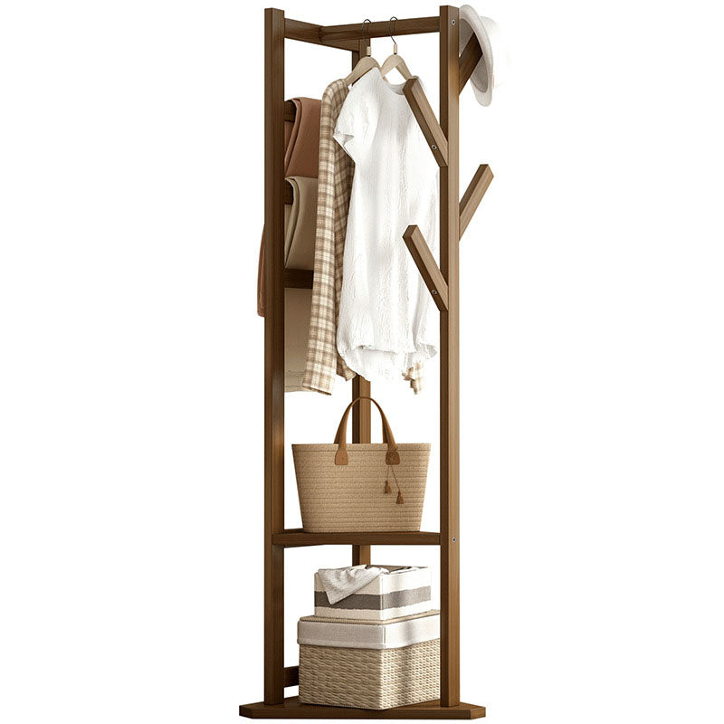 Traditional Japanese Tri-Branch Solid Bamboo Floor-Standing Hall Tree 2-Tier For Entryway &amp; Hallway