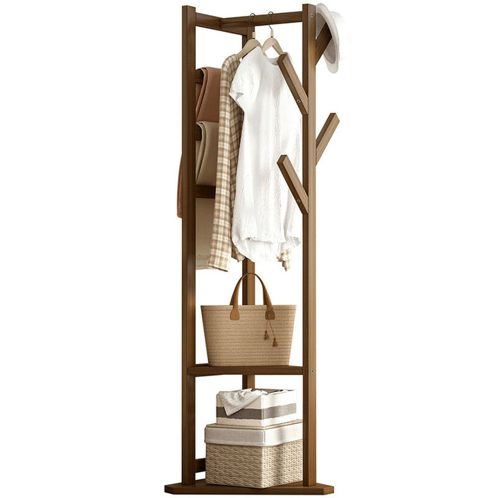 Traditional Japanese Tri-Branch Solid Bamboo Floor-Standing Hall Tree 2-Tier For Entryway &amp; Hallway
