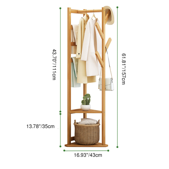 Traditional Japanese Tri-Branch Solid Bamboo Floor-Standing Hall Tree 2-Tier For Entryway &amp; Hallway