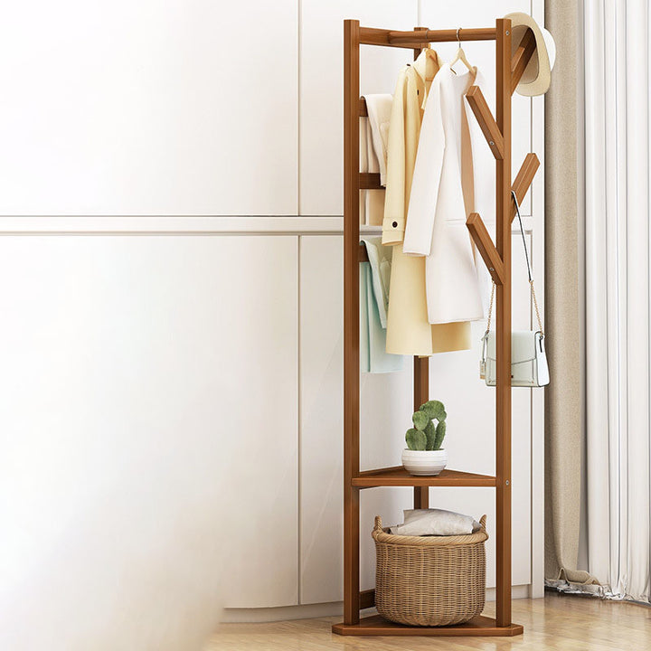 Traditional Japanese Tri-Branch Solid Bamboo Floor-Standing Hall Tree 2-Tier For Entryway &amp; Hallway