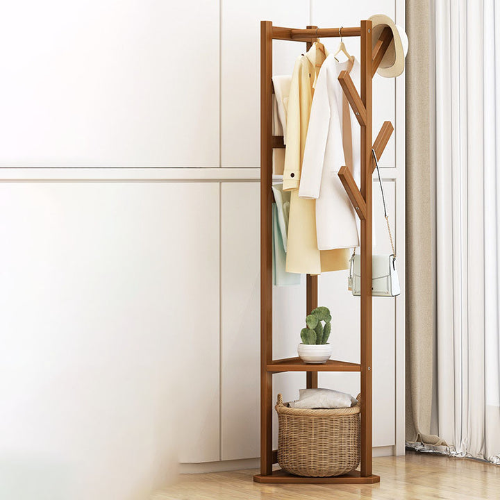 Traditional Japanese Tri-Branch Solid Bamboo Floor-Standing Hall Tree 2-Tier For Entryway &amp; Hallway